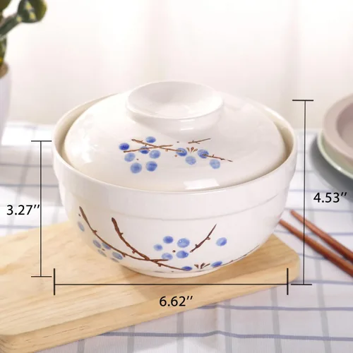 Miniatura 2 de WHJY Vajilla japonesa creativa de cerámica pintada a mano con tapa para sopa y fideos, con función de preservación del calor, cuenco y tapa azul