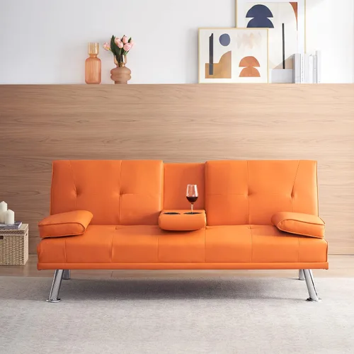 Miniatura 6 de Sofá cama plegable doble multifuncional de 67 pulgadas con 2 portavasos, sofá biplaza de cuero con reposabrazos extraíbles, sofá cama plegable Rojo