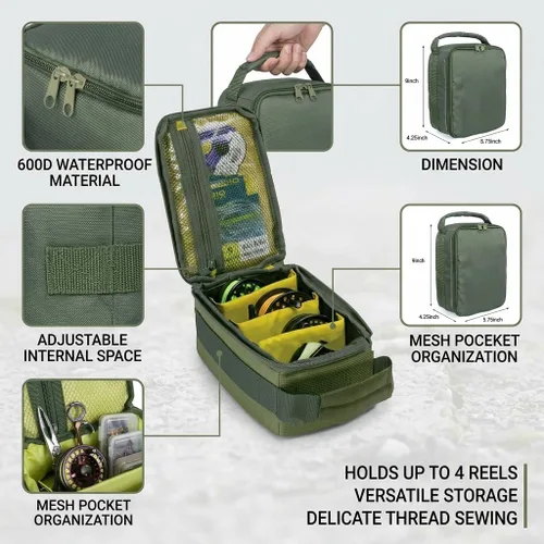 Miniatura 5 de Bolsa de aparejos de pesca, bolsas de pesca impermeables, carrete de pesca portátil y bolsa de equipo con 3 divisores ajustables para carretes