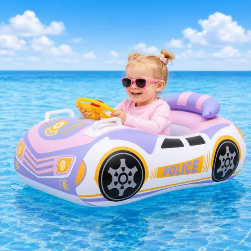 Miniatura 6 de Flotador de piscina para niños pequeños con volante, flotador de piscina para bebés sin giro con asiento y respaldo, PVC grueso inflable de policía