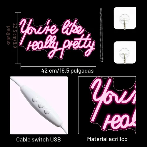 Miniatura 6 de Lucunstar Letrero de neón LED «You're Like Really Pretty» Luz LED de neón rosa para decoración de pared Letreros de neón para decoración de pared
