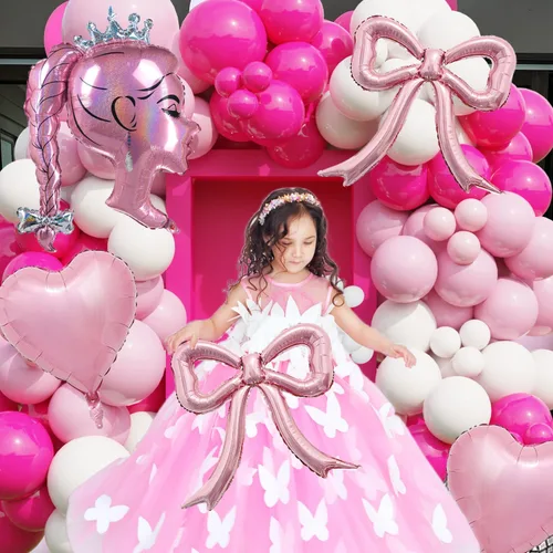 Miniatura 3 de Juego de globos de aluminio rosa princesa, 5 globos de lazo rosa, lámina de muñeca de corona y globos de corazón para maquillaje, cumpleaños