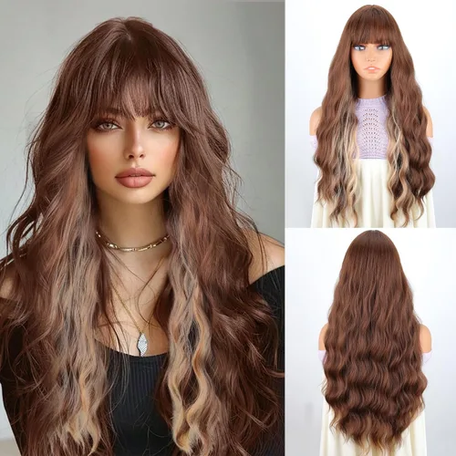 Miniatura 16 de Peluca larga de color rubio ceniza con flequillo, pelucas onduladas y rizadas gris rubio de aspecto natural, peluca de fibra sintética resistente al