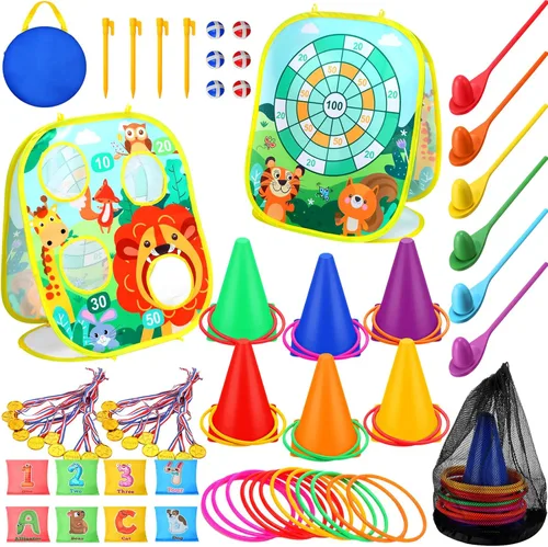 Yunsailing Juego de 63 piezas de juegos de carnaval al aire libre para niños, incluye bolsa de frijoles de animales, conos de plástico, anillo para
