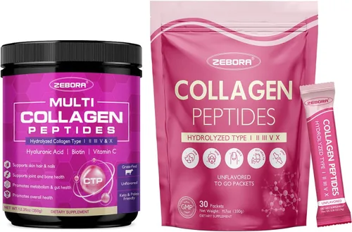 ZEBORA Polvo de péptidos de colágeno múltiple – Colágeno hidrolizado tipo I II III V X con ácido hialurónico, vitamina C, MCT, probióticos – Apoya