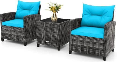 Miniatura 14 de RELAX4LIFE Juego de muebles de patio de 3 piezas, juego de conversación de mimbre con 2 sillones acolchados y mesa con tapa de cristal, juego