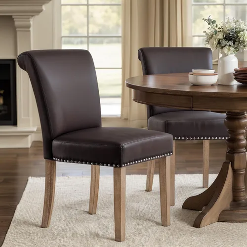 Miniatura 22 de CHUN YI Juego de 4 sillas de comedor tapizadas de piel sintética con ribete de cabeza de clavo y patas de madera, sillas laterales Parsons modernas