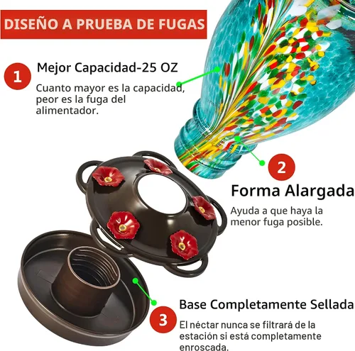 Miniatura 3 de LUJII Comederos para colibríes para exteriores con protector de hormigas, comedero de colibríes de vidrio soplado para colgar en el exterior, 25