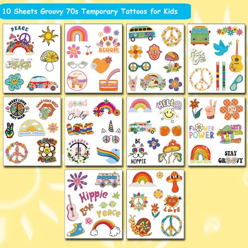Miniatura 2 de CHARLENT Tatuajes temporales hippie para niños, 79 piezas Groovy 70s Flower Power Peace and Love Tattoos para niños y niñas, suministros de fiesta