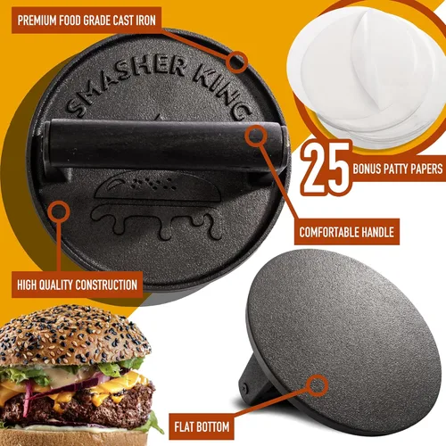 Miniatura 2 de SMASHER KING™ - Prensa de hamburguesa premium de hierro fundido con 25 piezas de papel para hamburguesas, prensa de hamburguesas para plancha
