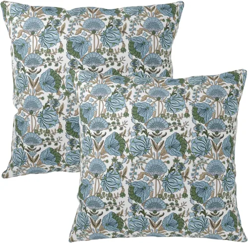 Miniatura 2 de Juego de 2 fundas de almohada con estampado de bloques azules de 16 x 16 pulgadas, diseño floral verde espárragos, fundas de almohada bohemias