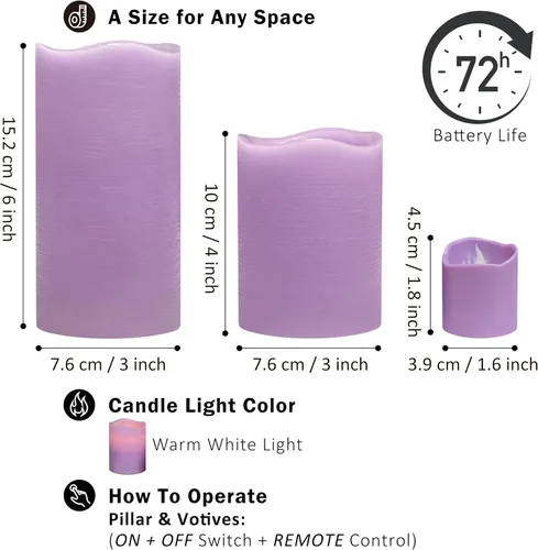 Miniatura 7 de FURORA LIGHTING Velas sin llama de cera real púrpura con control remoto y temporizador, 4 pilares y 4 votivas, paquete de 8, velas LED parpadeantes