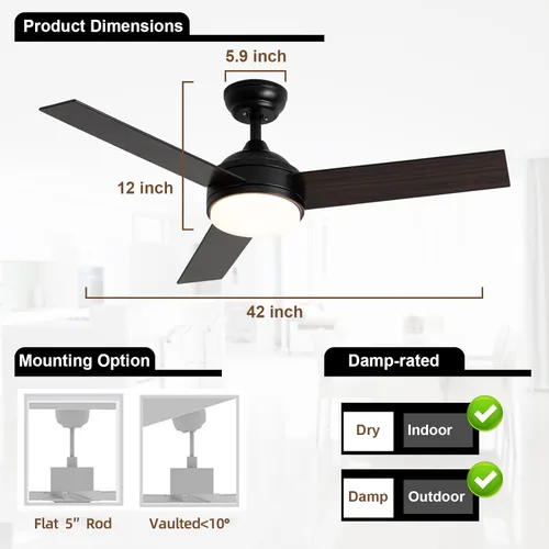 Miniatura 4 de Ventiladores de techo con luces y control remoto, ventilador de techo de perfil bajo de 42 pulgadas, ventilador de techo negro reversible silencioso