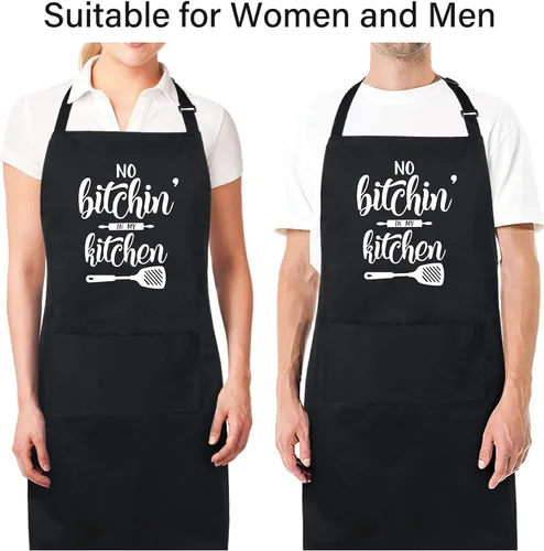 Miniatura 5 de Xornis Delantal de Algodón 100% Divertido con 2 Bolsillos para Hombres y Mujeres, BBQ, Asado, Babero Ajustable, Delantales Negros, Regalos, Cocina