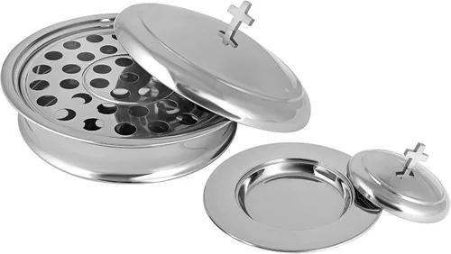 Miniatura 8 de Communion Ware - Bandeja para servir vino santo con tapa y un plato de pan apilable con tapa, acero inoxidable (latón/dorado)