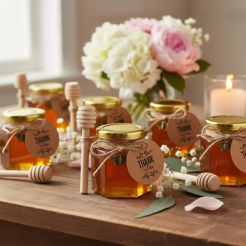 Miniatura 4 de Adabocute Mini tarros de miel – Tarro hexagonal de miel de vidrio con tapas doradas, cubos de madera, abalorios de abeja y yutes – Pequeños tarros
