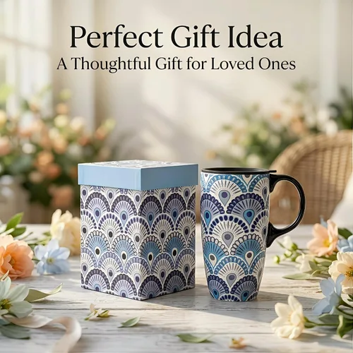 Miniatura 9 de Topadorn Taza de café de cerámica de 17 onzas con tapa y caja de regalo, taza de té de porcelana con plumas de pavo real Art Deco, apta para Azul