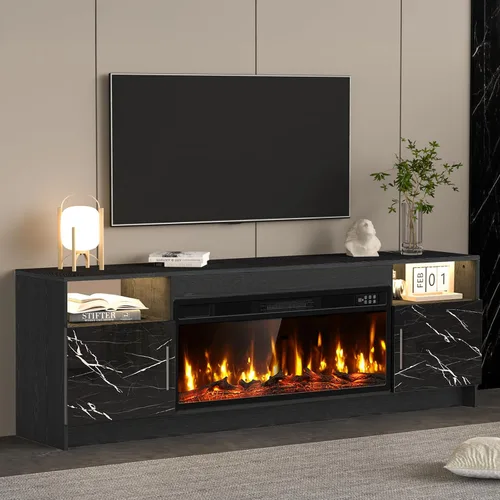 Miniatura 8 de Kucreiheat Soporte de TV negro con chimenea, luces LED, centro de entretenimiento para TV de hasta 80 pulgadas, consola de TV moderna para sala