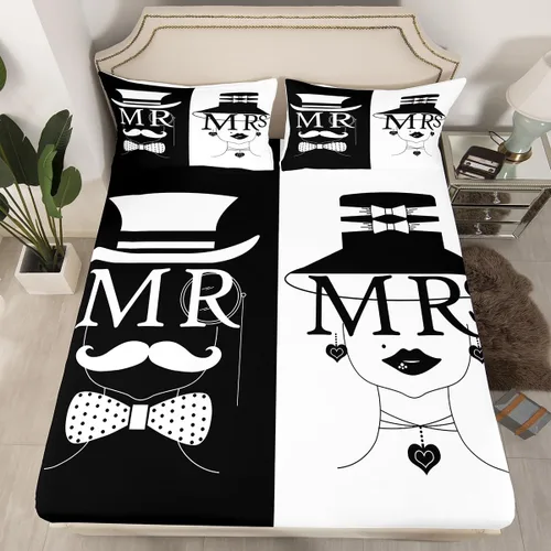 Miniatura 39 de Sábana bajera ajustable King Crown vintage negro y gris, sábanas románticas para el día de San Valentín, tamaño individual para mujeres, regalos
