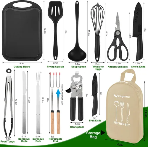 Miniatura 6 de Wesqunie Camping Essentials - Juego de utensilios de cocina - Kit de utensilios de cocina portátil para campamento, accesorios para exteriores, 14