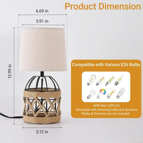 Miniatura 3 de Lámpara de mesa bohemia para dormitorio, pequeña lámpara de noche con base de jaula de metal de ratán y pantalla de lino, lámpara de mesita de noche