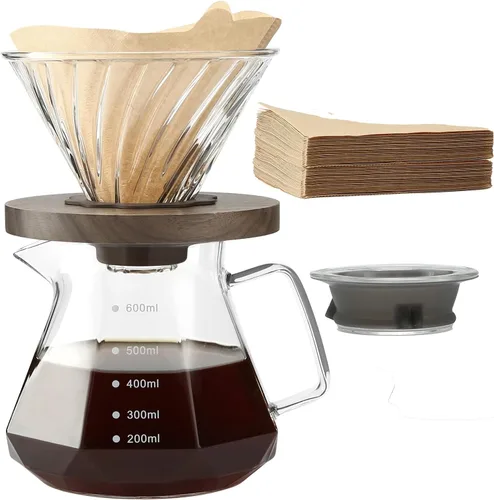 Lalord Cafetera de Vertido, Jarra de Vidrio Borosilicato de 20 oz con 100 pcs Filtros de Papel V60 por Gsform, Mango de Nogal y Tapa de Vidrio,