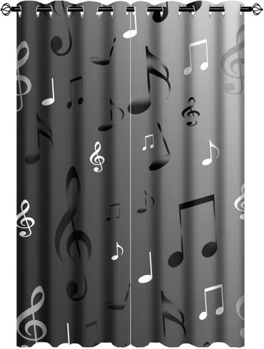 Miniatura 17 de Cortinas opacas de oscurecimiento de habitación con ojales, diseño rústico de símbolos musicales blancos y negros, tratamiento de ventana