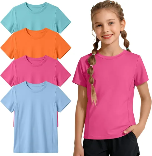Miniatura 8 de Paquete de 4 camisetas atléticas de manga corta para niñas, de secado rápido, camisetas activas de verano con cuello redondo y ropa deportiva