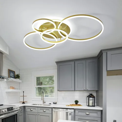 Miniatura 5 de Lámpara de techo LED moderna de 90 W, regulable, con control remoto, 5 anillos, lámpara de techo de acrílico dorada para sala de estar, dormitorio