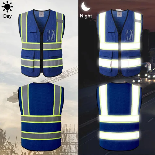 Miniatura 2 de Chaleco de seguridad reflectante para hombres y mujeres con 5 bolsillos y cierre frontal, chaleco de malla de alta visibilidad para construcción