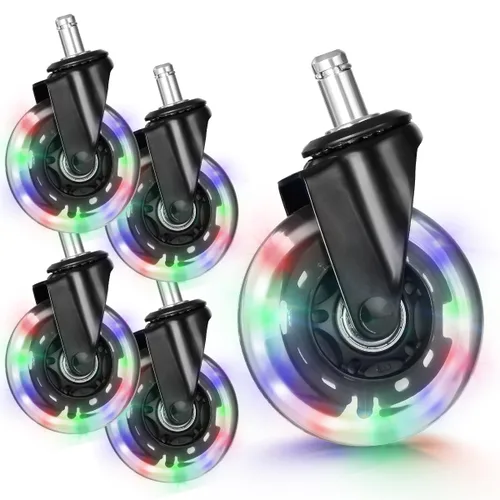 Juego de 5 ruedas para silla de oficina con luces RGB que cambian de color, juego de 5 ruedas de repuesto de goma, ruedas universales silenciosas