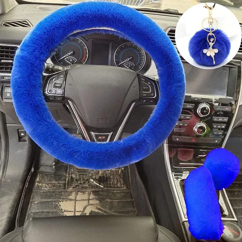 Miniatura 8 de ZYNQACC Juego de 4 fundas esponjosas para volante con funda para freno de mano, funda para palanca de cambios y llavero de felpa de lana sintética