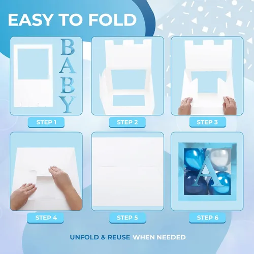 Miniatura 5 de Cajas de baby shower con letras - Cajas azules metálicas con globos metálicos azules y plateados - Juego de 44 piezas para revelación de género