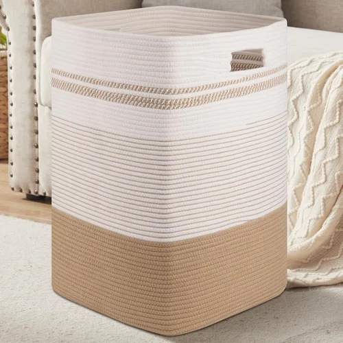 Miniatura 10 de Cesta de Ropa Sucia, Cesta de Lavandería Grande de Cuerda Tejida Alta con Asas, 22" X 17" X 13", Cesta de Almacenamiento Decorativa para Ropa