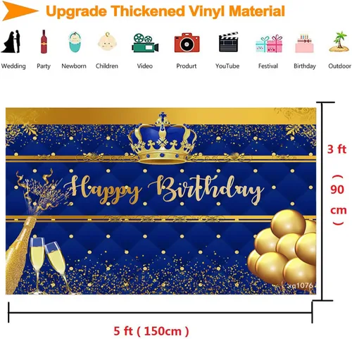 Miniatura 5 de InMemory Telón de fondo de cumpleaños azul real y dorado para hombres, corona dorada, globos de champán, fondo de feliz cumpleaños, para niños