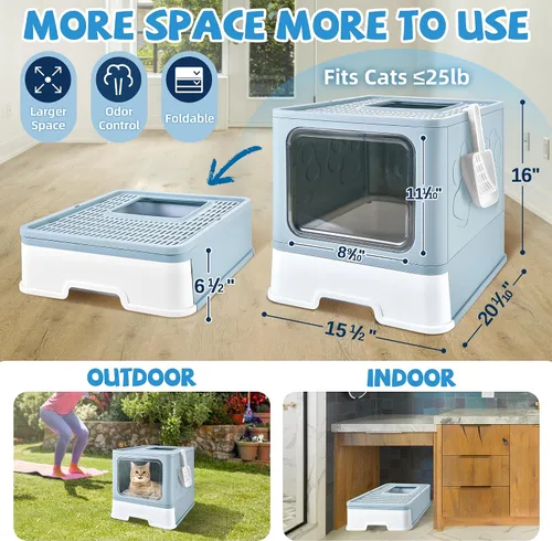 Miniatura 2 de Caja de arena cubierta para gatos con alfombrilla de arena, plegable, extra grande, puerta ajustable de doble entrada, diseño de cajón, caja de Azul