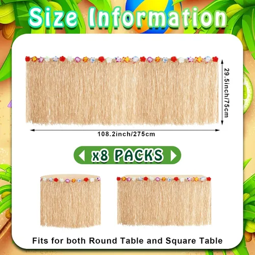 Miniatura 2 de Juexica Paquete de 8 faldas de mesa de hierba Luau de 9 x 30 pulgadas, falda de mesa hawaiana de flores de hibisco sintético, decoraciones de fiesta