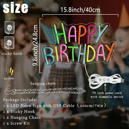 Miniatura 3 de Letrero de neón de feliz cumpleaños para decoración de pared, luces de neón de feliz cumpleaños coloridas, luz de neón LED de cumpleaños para telón