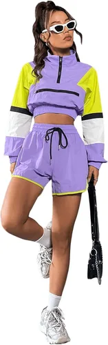 Miniatura 5 de SweatyRocks Conjunto de sudadera corta de 2 piezas con media cremallera y cordón para mujer