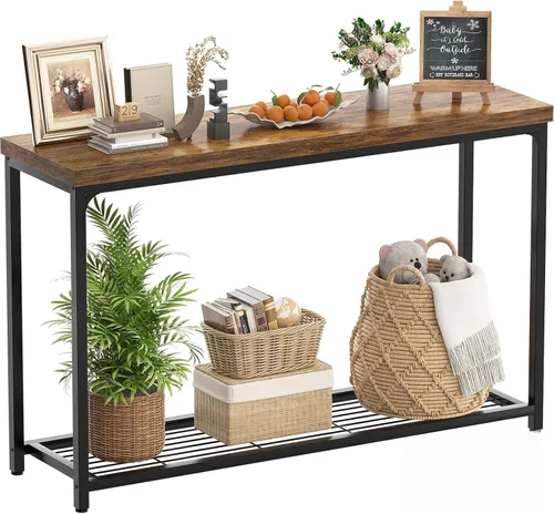 Miniatura 11 de Besiost Mesa consola pequeña de 32 pulgadas, mesa de entrada estrecha de 2 niveles, mesa de sofá con estantes de malla, mesas de consola para sala