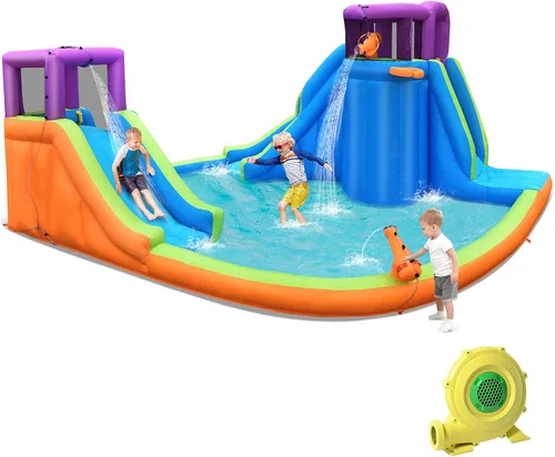 Miniatura 13 de HONEY JOY Tobogán acuático inflable, parque acuático gigante con porterías de fútbol para exteriores, piscina, escalada, toboganes acuáticos