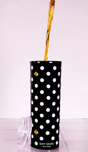 Miniatura 3 de kate spade new york Taza de viaje aislada de 16 onzas con tapa, vaso térmico negro de doble pared para café/té, lunares