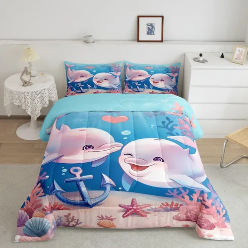 Miniatura 31 de Erosebridal Juego de edredón de ballena náutica, tamaño individual, juego de ropa de cama vintage azul con ondas oceánicas para niños y niñas