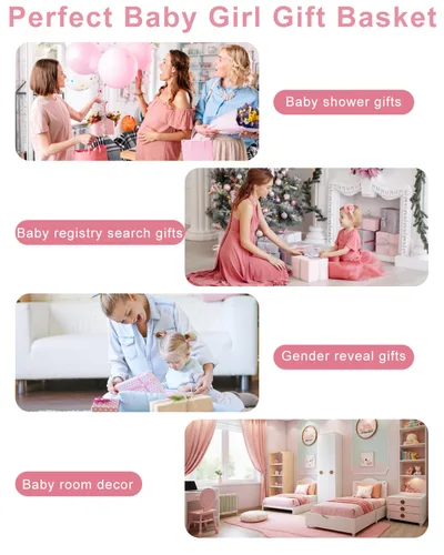 Miniatura 6 de Juego de 22 cestas de regalo para niña, rosa (recién nacido de 0 a 12 meses) Regalos premium para baby shower para niñas: juego de artículos