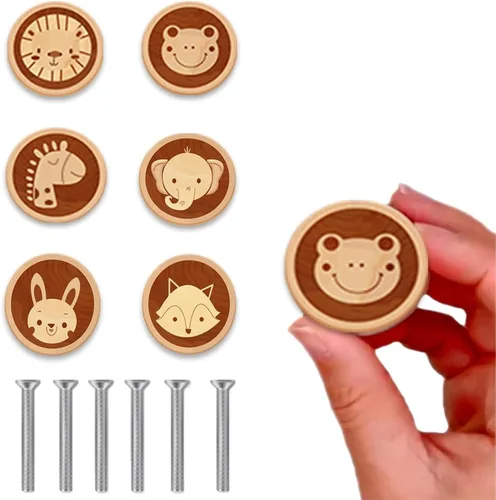 Paquete de 6 pomos de madera de dibujos animados para armario de 1.57 pulgadas (1.575 in) para niños, pomos de cómoda y cajón para guardería