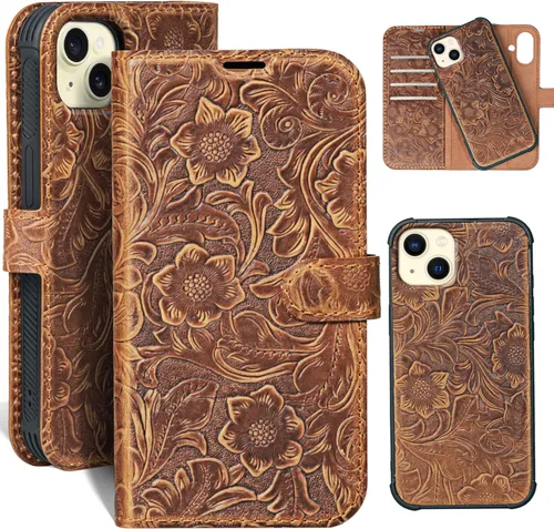 Miniatura 22 de Funda de cuero compatible con iPhone 16 Pro Max Cartera 6.9", cuero genuino 2 en 1, magnética, desmontable, a prueba de golpes, funda tipo folio