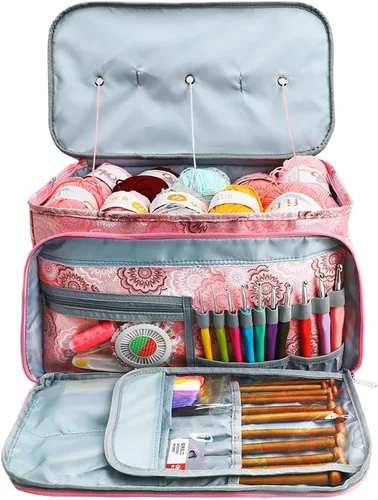 Bolsa de ganchillo, organizador de almacenamiento de hilo sin enredos con 3 ojales, bolsa de punto y organizador de bolsas grandes para proyectos