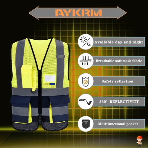 Miniatura 5 de A-SAFETY - Chaleco de seguridad de alta visibilidad con 4 bandas reflectantes y 7 bolsillos, malla color amarillo y azul marino, talla XS Malla