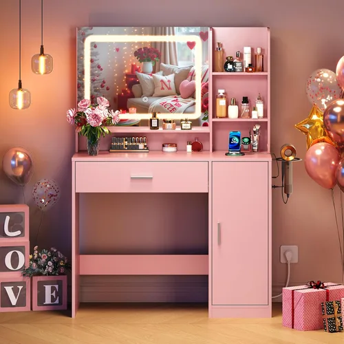 Miniatura 11 de WLIVE Escritorio de tocador con espejo y luces, mesa de maquillaje con cajón, armario y estantes abiertos, tocador de dormitorio con estación