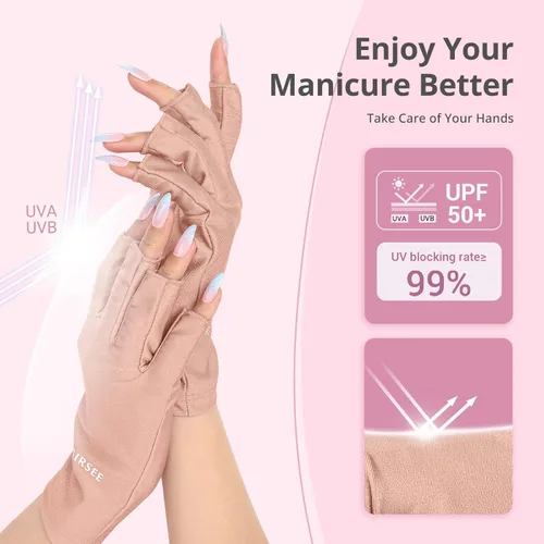 Miniatura 2 de Guantes anti UV AIRSEE para lámpara de uñas, guantes profesionales de protección UV UPF50+ para manicuras y arte de uñas, guantes sin dedos (Rosa)